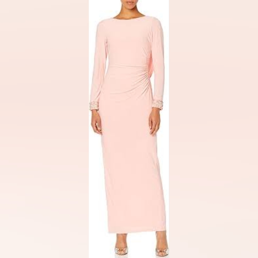 size 10 Marina long sleeve blush cowl back jersey gown